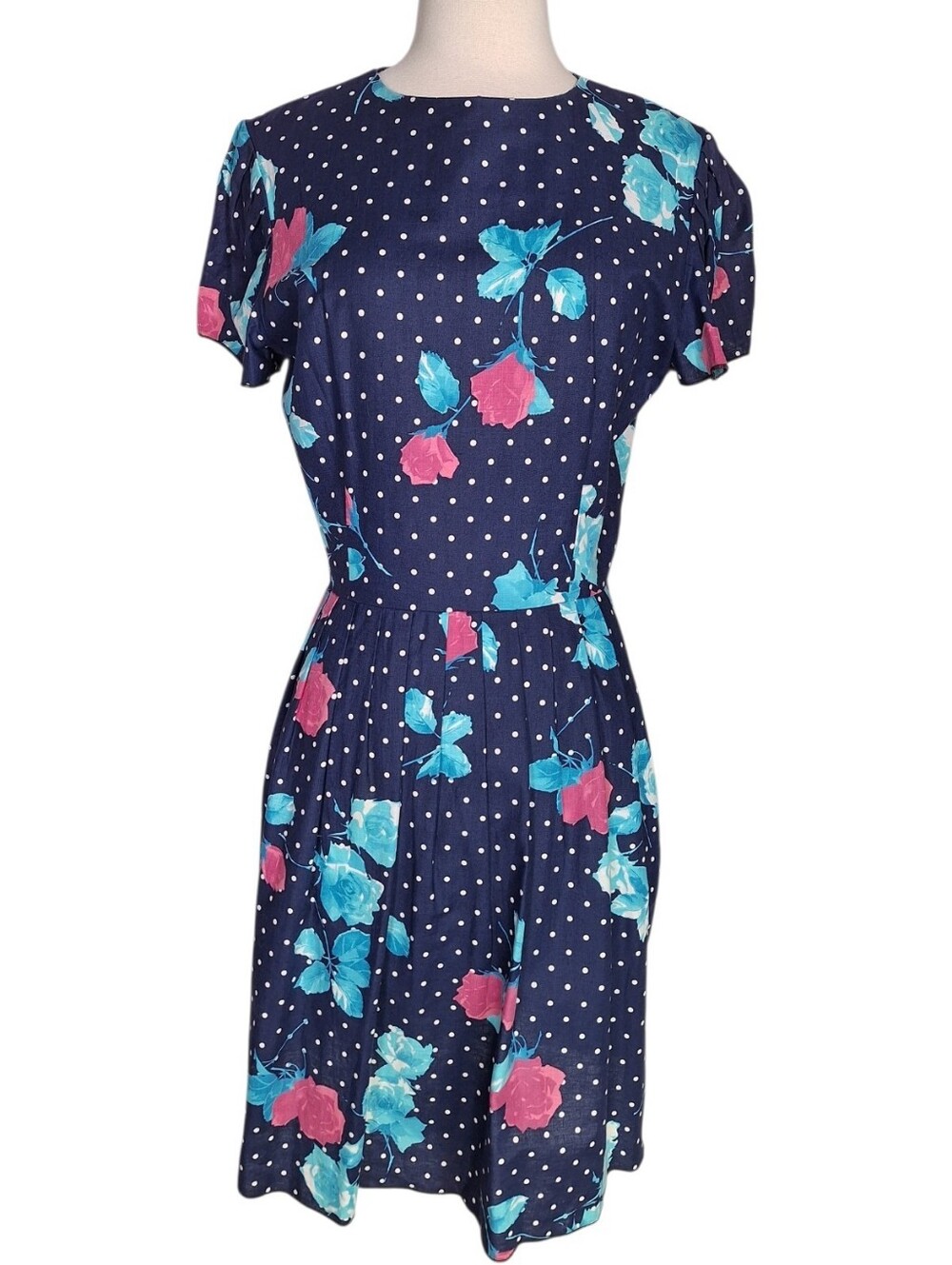 Vintage 80s Does 50s Lanz Polka Dot Floral Dress M 100% Cotton Garden Tea Party